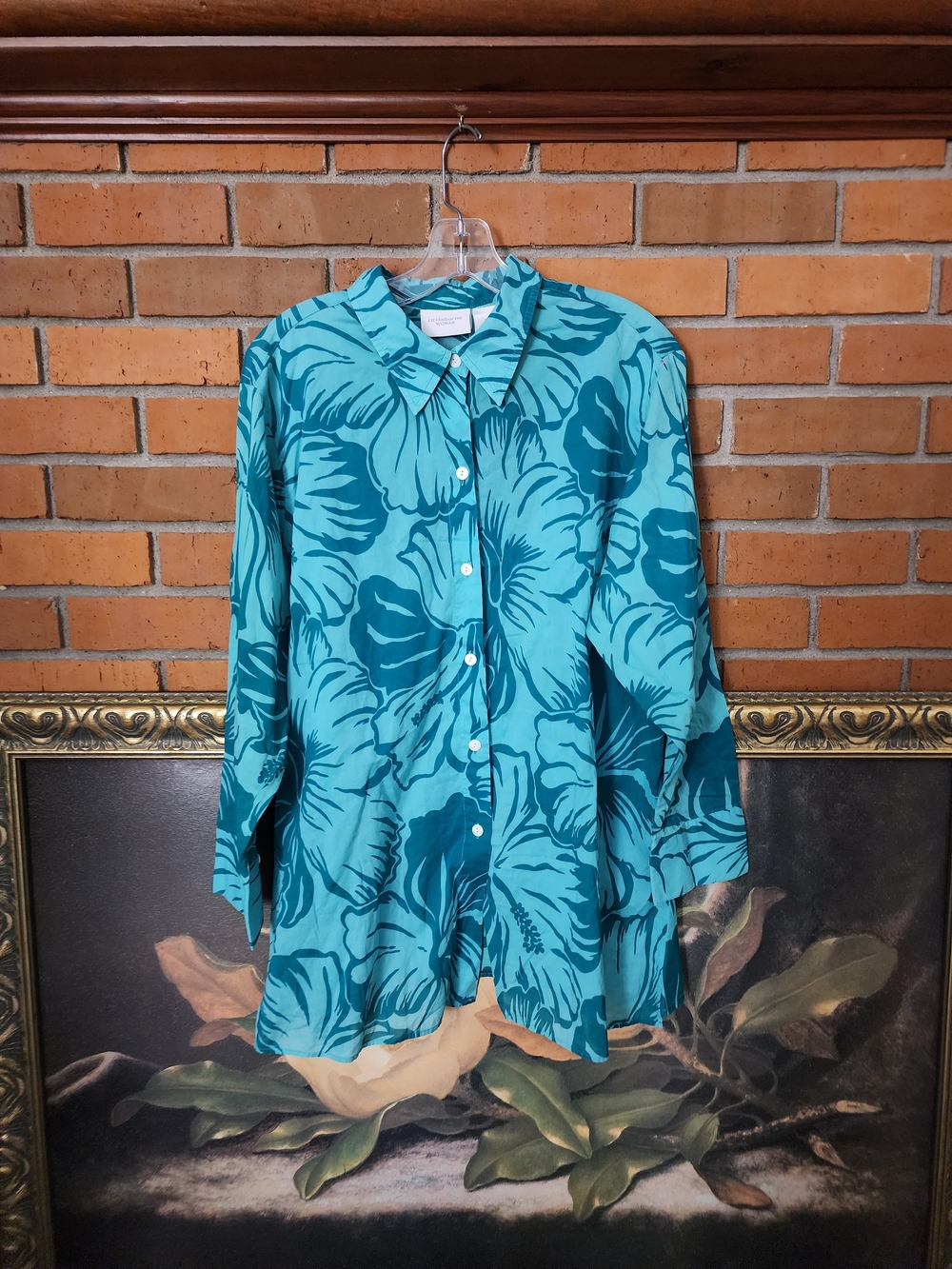 Liz Claiborne Teal Floral Button-Front Blouse 1x